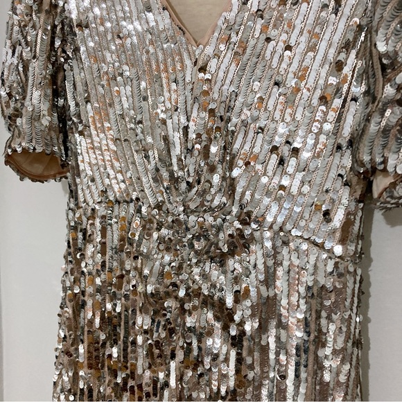 Rotate Birger Christensen Sierina Dress Silver Sequin Puff Sleeve Midi Size 6 - Picture 8 of 16